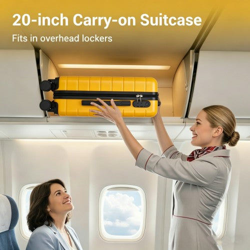 Yellow cabin-approved carry-on suitcase in aircraft overhead bin