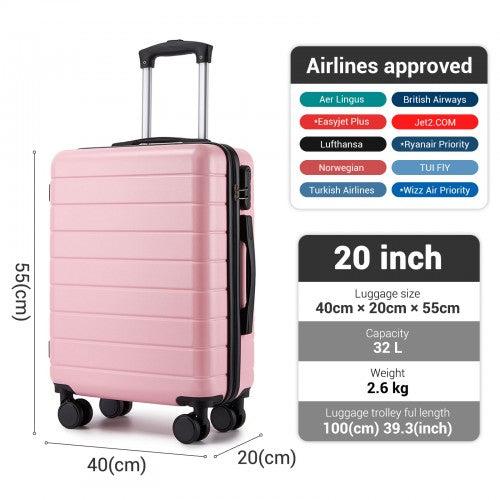 Pink airline-approved 20-inch suitcase with dimensions and weight specs