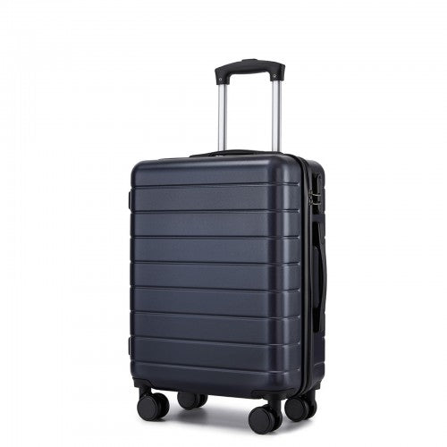 Navy blue 20 inch hard shell carry-on with extended telescopic handle and four spinner wheels