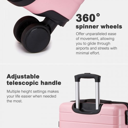 Pink hard shell carry-on with black trim showing dual-wheel spinner wheels and extended handle