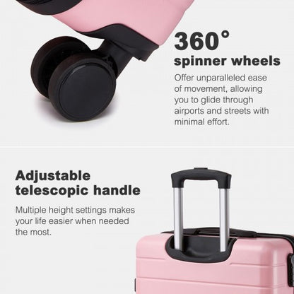 Pink hard shell carry-on with black trim showing dual-wheel spinner wheels and extended handle