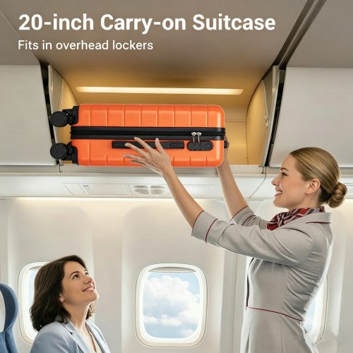 Orange 20-inch hard-shell suitcase placed in aircraft overhead bin for short trips