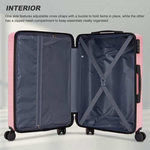 Pink hard shell carry-on interior displaying adjustable packing straps and zipped mesh divider