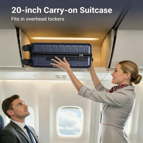 Dark blue cabin-approved carry-on luggage fitting in airplane overhead locker for business travel