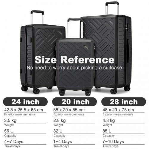 KSS2495 - Supercase 3-Piece Sleek Geometric Pattern Hard Shell ABS+PC Suitcase Set with TSA Lock For Effortless Travel - Black