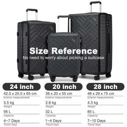 KSS2495 - Supercase 3-Piece Sleek Geometric Pattern Hard Shell ABS+PC Suitcase Set with TSA Lock For Effortless Travel - Black