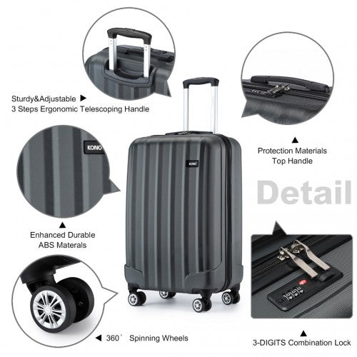 K1773-1L - Kono 19 Inch Cabin Size ABS+PC Hard Shell Luggage with Vertical Stripes - Ideal for Carry-On - Grey
