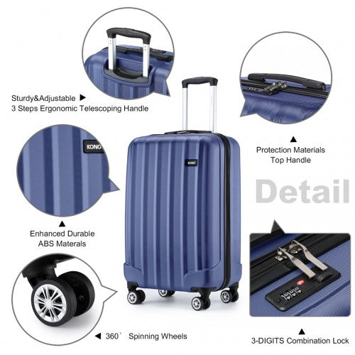 K1773-1L - Kono 19 Inch Cabin Size ABS+PC Hard Shell Luggage with Vertical Stripes - Ideal for Carry-On - Navy