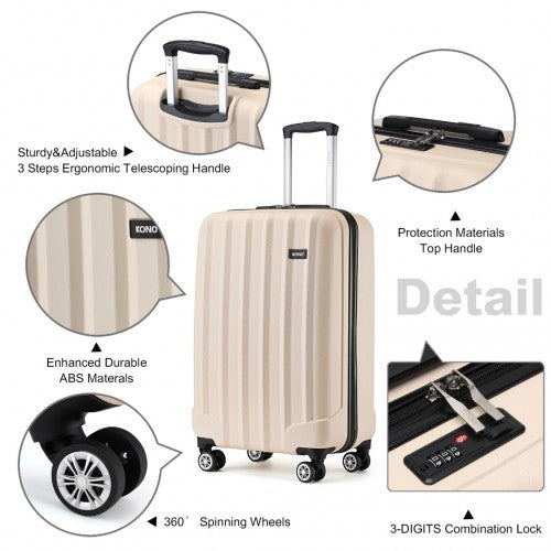K1773-1L - Kono 19 Inch Cabin Size ABS+PC Hard Shell Luggage with Vertical Stripes - Ideal for Carry-On - Beige