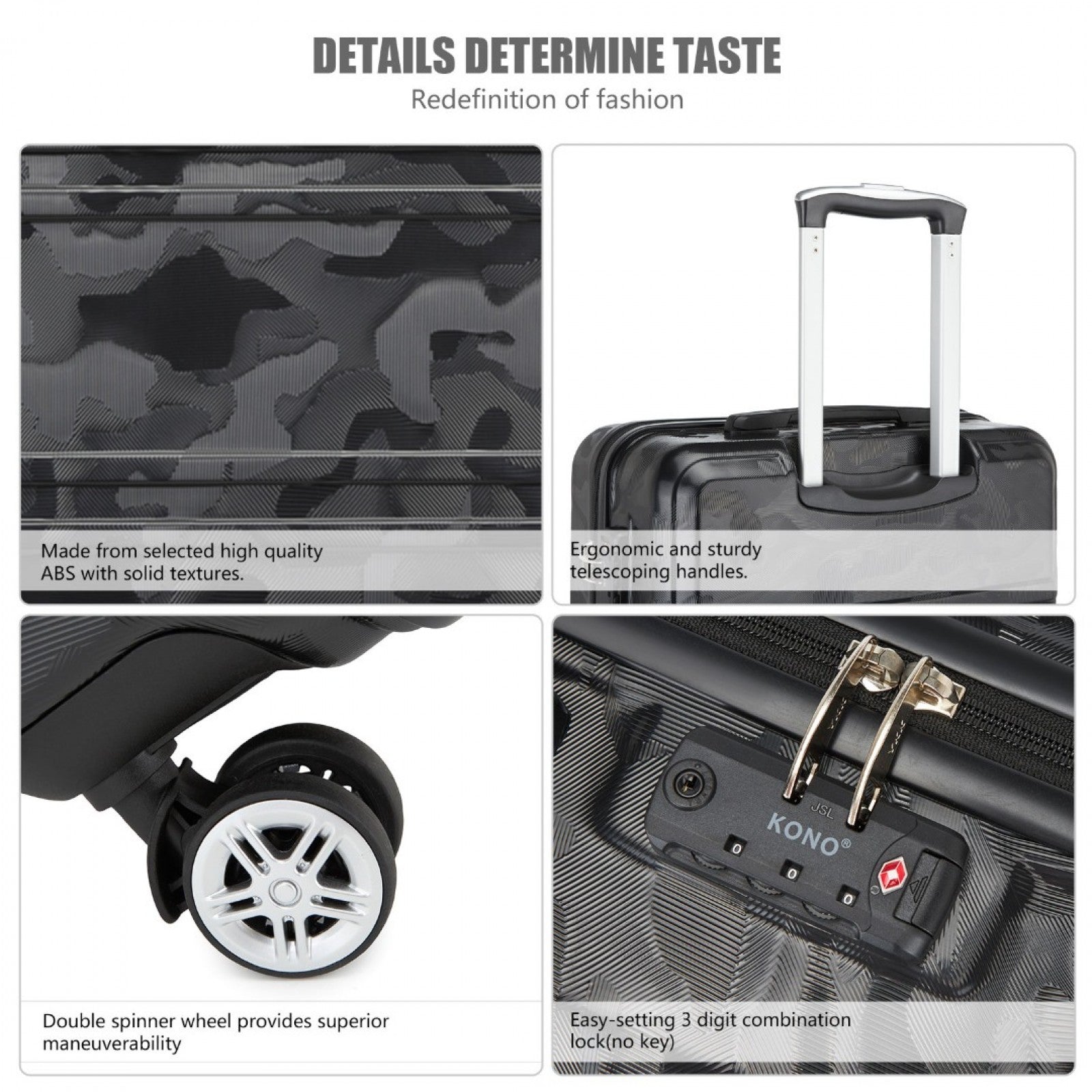 Kono K1871-1L 20-inch black suitcase – side view