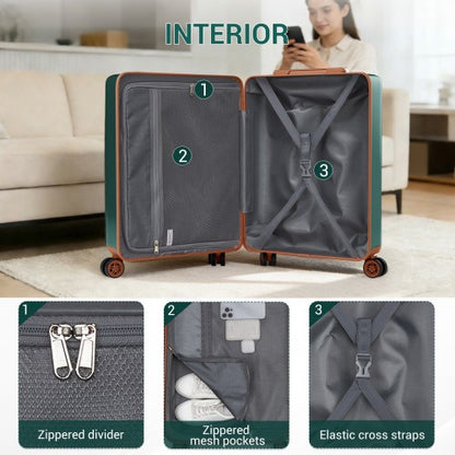 Open teal brown hard shell suitcase interior with zippered divider mesh pockets and elastic cross straps for packing