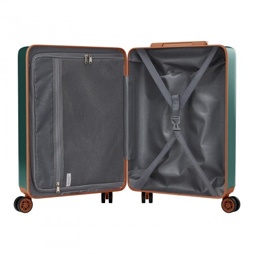 Open dark green hard shell suitcase with copper trim revealing gray mesh lined interior and compression strap system