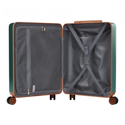 Open dark green hard shell suitcase with copper trim revealing gray mesh lined interior and compression strap system