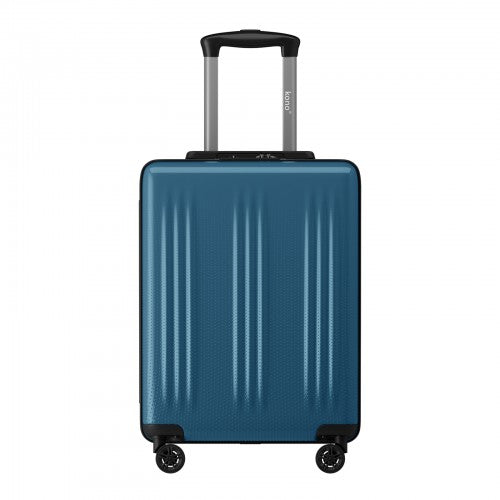 Teal blue Kono 20 inch hard shell cabin suitcase with glossy vertical ribbed texture and extended silver telescopic handle