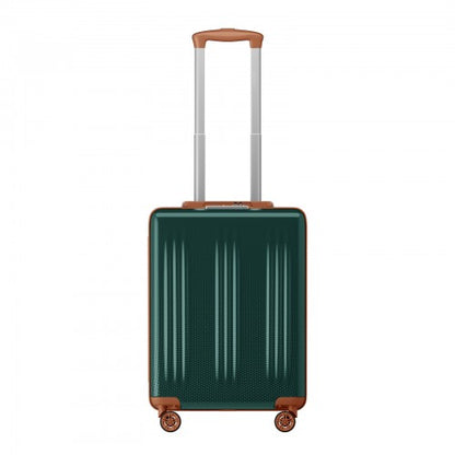 Deep forest green 20 inch hard shell suitcase with copper accents textured grid pattern and extended telescopic handle