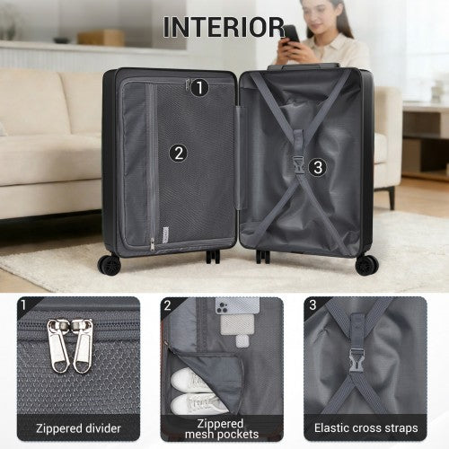 Dark gray hard-shell suitcase interior with zippered divider, mesh pocket, and cross straps