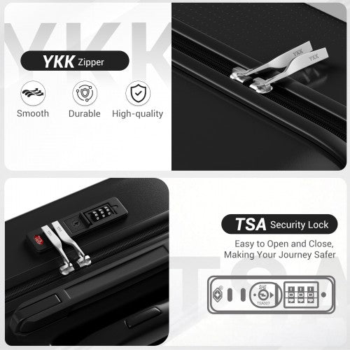 Black hard-shell suitcase close-up showing YKK zipper pulls and built-in TSA security lock