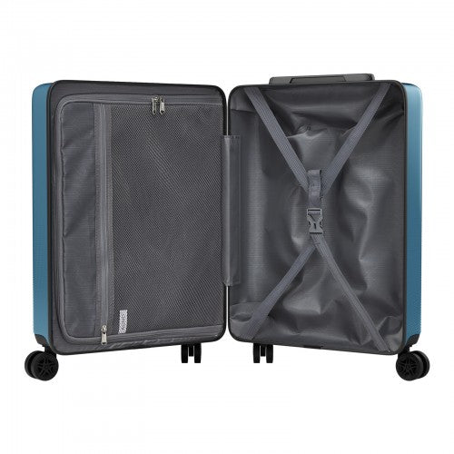 Open blue hard shell suitcase interior layout with mesh pocket zippered compartment and X shaped compression straps