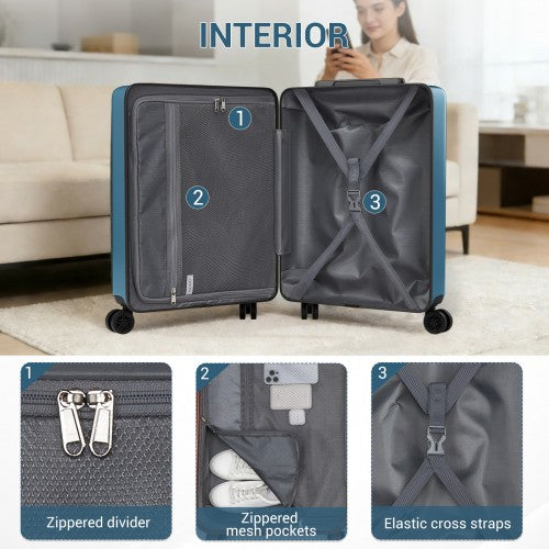 Teal-blue hard-shell suitcase open view with organized interior pockets and elastic straps