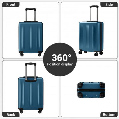 Blue hard shell suitcase 360 degree position display showing front side back and bottom views with protective feet