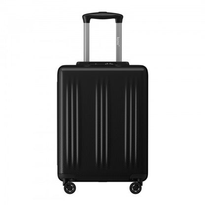 Front view black Kono 20 inch cabin suitcase with vertical textured grooves extended silver handle and four spinner wheels