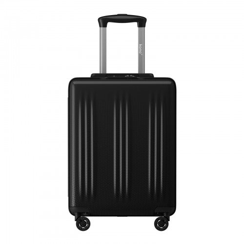 Front view black Kono 20 inch cabin suitcase with vertical textured grooves extended silver handle and four spinner wheels