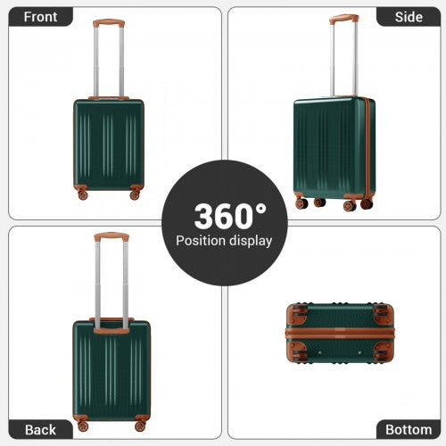 Green hard shell suitcase with brown trim accents displayed in four views emphasizing vertical ribbed design and structure