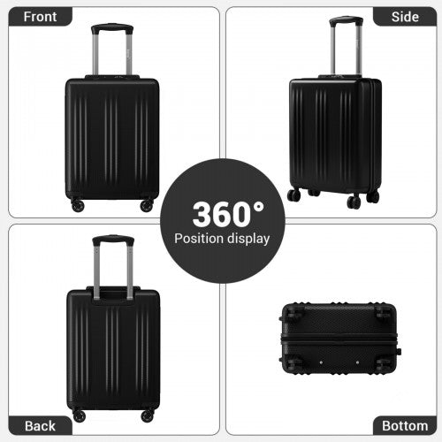 Black hard shell carry on luggage 360 degree position display showing front side back and bottom wheel assembly views