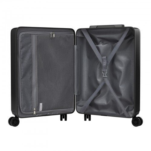 Open black hard shell carry on suitcase interior with gray lining mesh pocket and X shaped compression straps