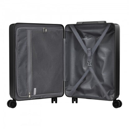 Open black hard shell carry on suitcase interior with gray lining mesh pocket and X shaped compression straps