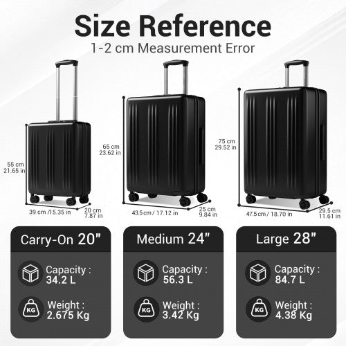 Size reference diagram comparing 20 24 and 28 inch black hard shell suitcases with capacity weight and dimension specs