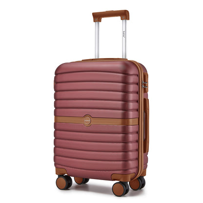 Kono 20 inch burgundy hard-shell carry-on suitcase with ribbed ABS+PC texture, tan color-block band, and spinner wheels