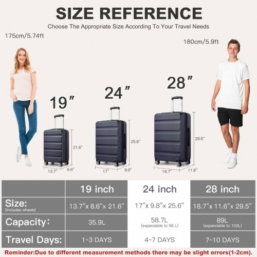 KSK2482 - Kono 24 Inch Expandable Horizontal Engraved Hard Shell ABS+PC Check-In Suitcase with TSA Lock - Navy