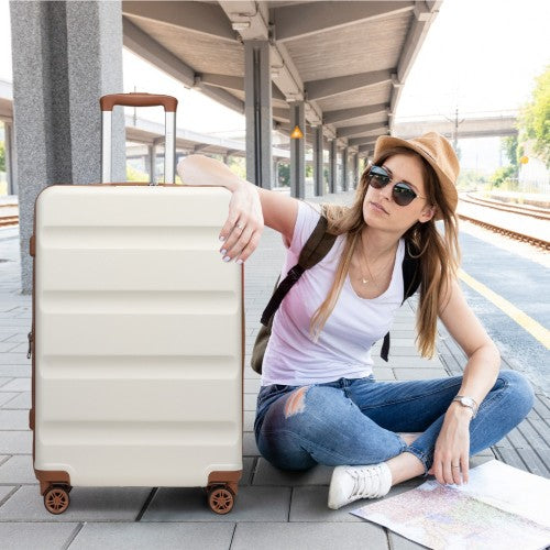 KSK2482 - Kono 24 Inch Expandable Horizontal Engraved Hard Shell ABS+PC Check-In Suitcase with TSA Lock - Cream