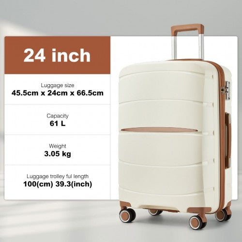 KSK2591 - Kono 24-Inch PP Modern Scratch-Resistant Medium Suitcase with TSA Lock & Stylish Brown Accents - Cream and Brown