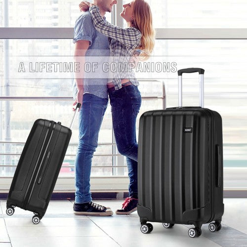 K1773-1L - Kono 28 Inch Striped ABS+PC Hard Shell Luggage with 360-Degree Spinner Wheels - Black