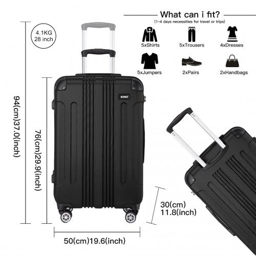 K1777-1L - Kono 28 Inch ABS Lightweight Compact Hard Shell Travel Luggage For Extended Journeys - Black