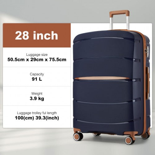 KSK2591 - Kono 28-Inch PP Modern Scratch-Resistant Large Suitcase with TSA Lock & Stylish Brown Accents - Navy and Brown