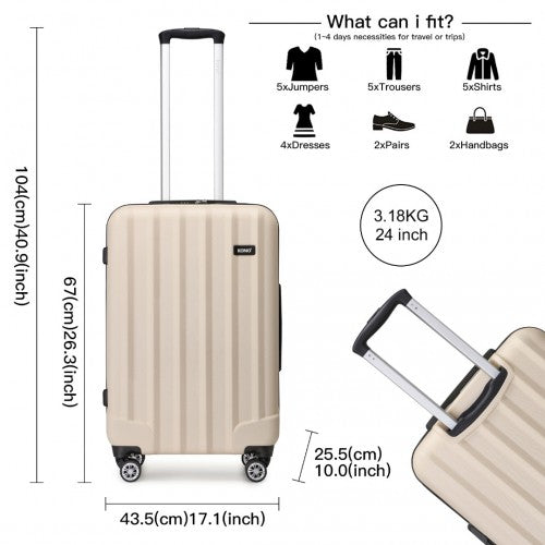 K1773-1L - Kono 19/24/28 Inch 3 Piece Set Striped ABS+PC Hard Shell Luggage with 360-Degree Spinner Wheels - Beige