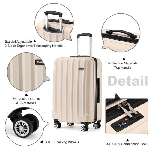 K1773-1L - Kono 19/24/28 Inch 3 Piece Set Striped ABS+PC Hard Shell Luggage with 360-Degree Spinner Wheels - Beige