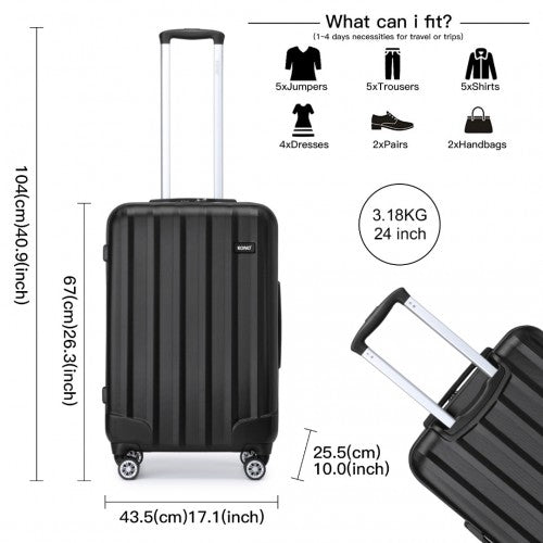 K1773-1L - Kono 19/24/28 Inch 3 Piece Set Striped ABS+PC Hard Shell Luggage with 360-Degree Spinner Wheels - Black