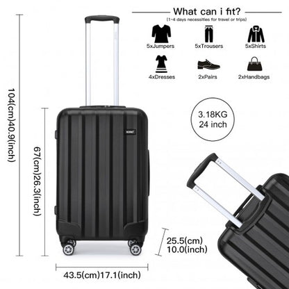 K1773-1L - Kono 19/24/28 Inch 3 Piece Set Striped ABS+PC Hard Shell Luggage with 360-Degree Spinner Wheels - Black
