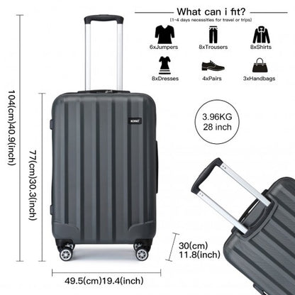 K1773-1L - Kono 19/24/28 Inch 3 Piece Set Striped ABS+PC Hard Shell Luggage with 360-Degree Spinner Wheels - Grey