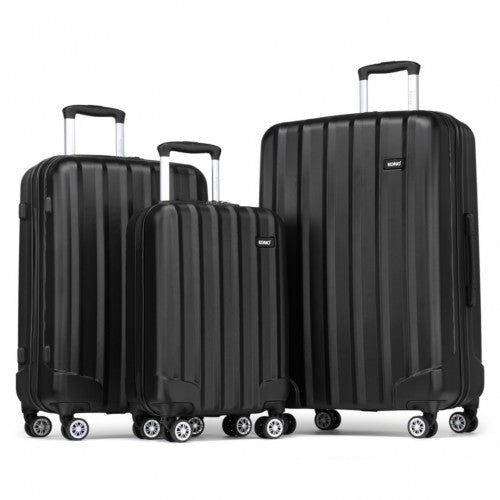 K1773-1L - Kono 19/24/28 Inch 3 Piece Set Striped ABS+PC Hard Shell Luggage with 360-Degree Spinner Wheels - Black