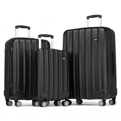 K1773-1L - Kono 19/24/28 Inch 3 Piece Set Striped ABS+PC Hard Shell Luggage with 360-Degree Spinner Wheels - Black