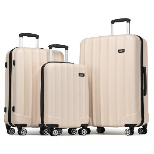 K1773-1L - Kono 19/24/28 Inch 3 Piece Set Striped ABS+PC Hard Shell Luggage with 360-Degree Spinner Wheels - Beige