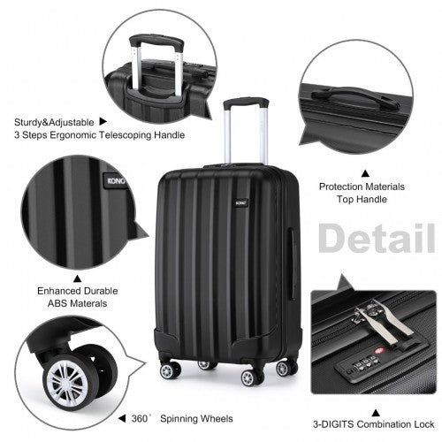 K1773-1L - Kono 19/24/28 Inch 3 Piece Set Striped ABS+PC Hard Shell Luggage with 360-Degree Spinner Wheels - Black