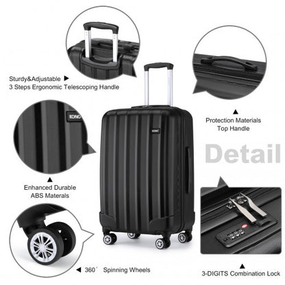 K1773-1L - Kono 19/24/28 Inch 3 Piece Set Striped ABS+PC Hard Shell Luggage with 360-Degree Spinner Wheels - Black