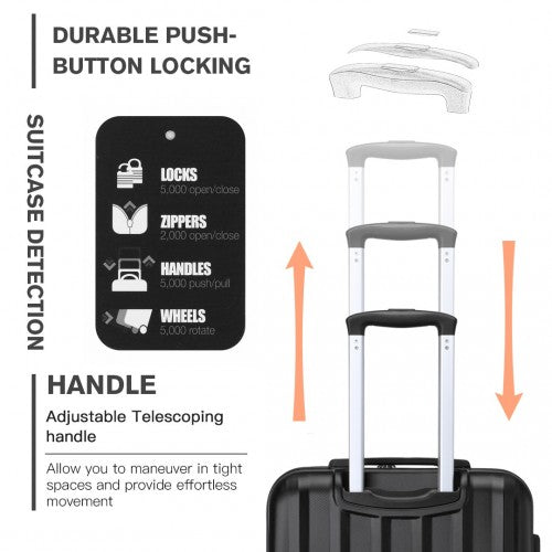 K1773-1L - Kono 19/24/28 Inch 3 Piece Set Striped ABS+PC Hard Shell Luggage with 360-Degree Spinner Wheels - Black