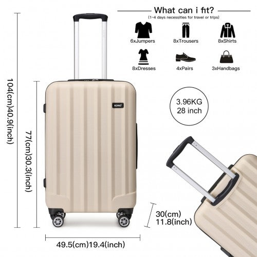 K1773-1L - Kono 19/24/28 Inch 3 Piece Set Striped ABS+PC Hard Shell Luggage with 360-Degree Spinner Wheels - Beige